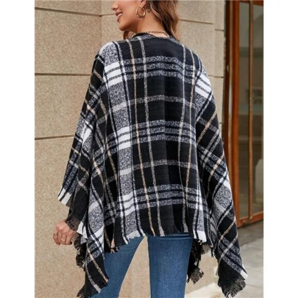 Women Boho Buffalo Plaid Poncho Pashmina Shawl Wrap Cape Sweater Knitting - Picture 2 of 6